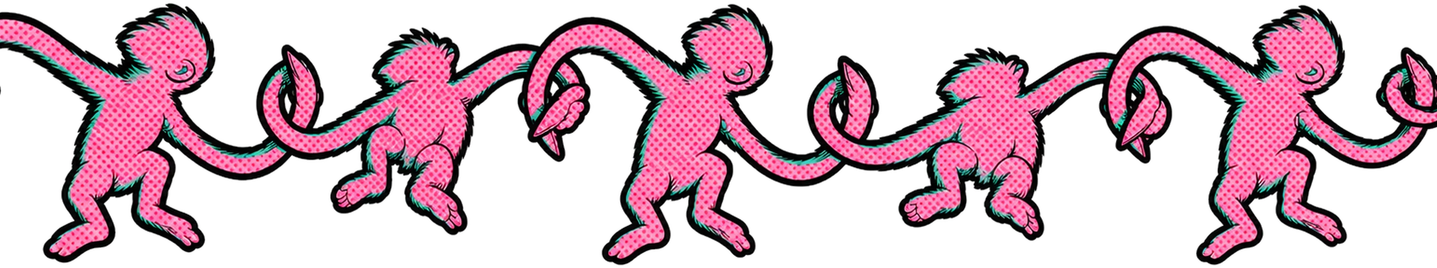 Illustration of a chain of pink monkeys linked arm to tail